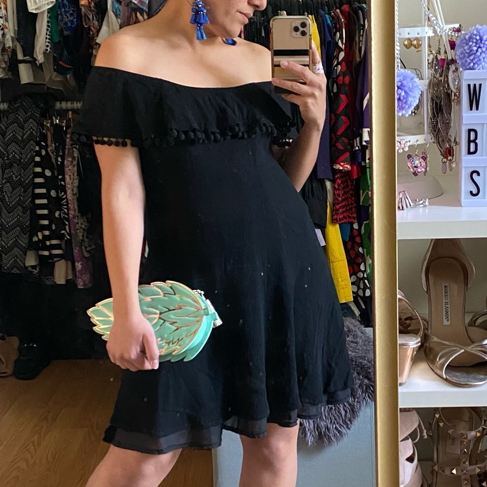 Glamorous Black Off-the-Shoulder Pom Trim Summer Dress